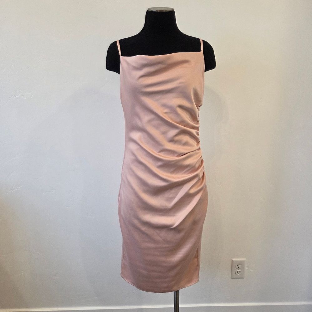 Laundry By Shelli Segal Blush Pink Satin Cocktail Dress Square Neck Ruched 6